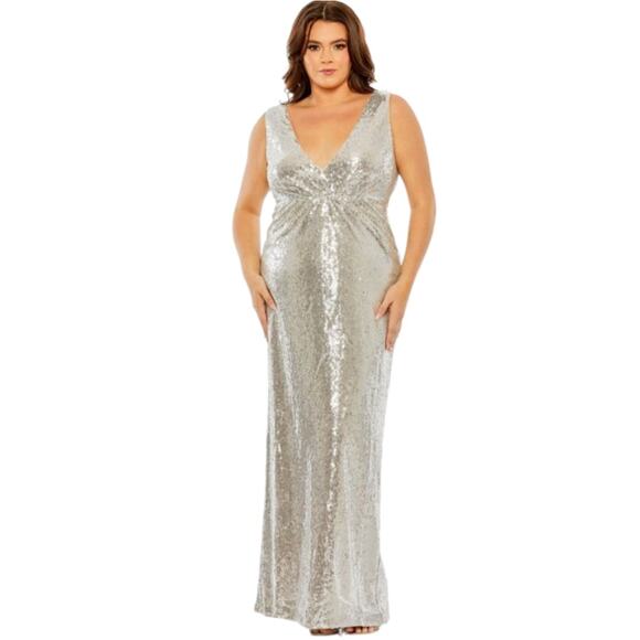 Mac Duggal Formal Evening Gown Womens Plus 16W Silver Maxi Dress Wedding Party - Picture 1 of 12